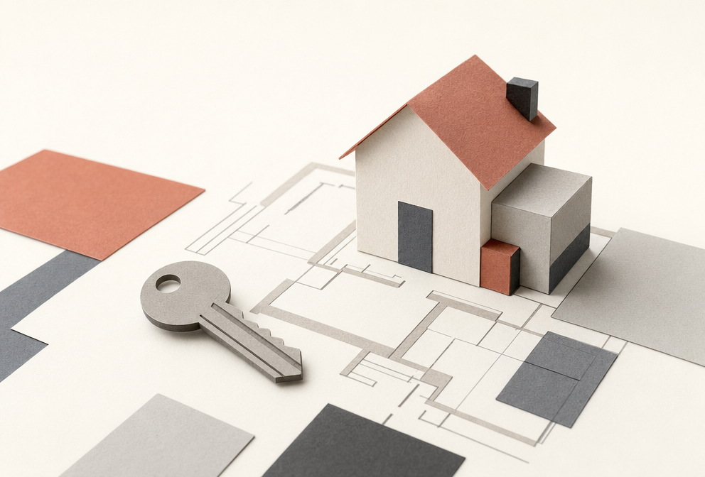 Ilustración conceptual de una vivienda, una llave y un plano arquitectónico.